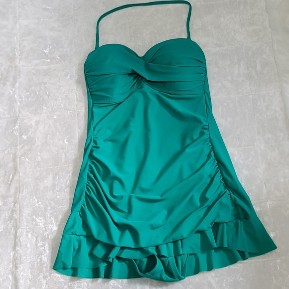 Kenneth Cole Teal Ruched One Piece Dress Swimsuit - Picture 2 of 8